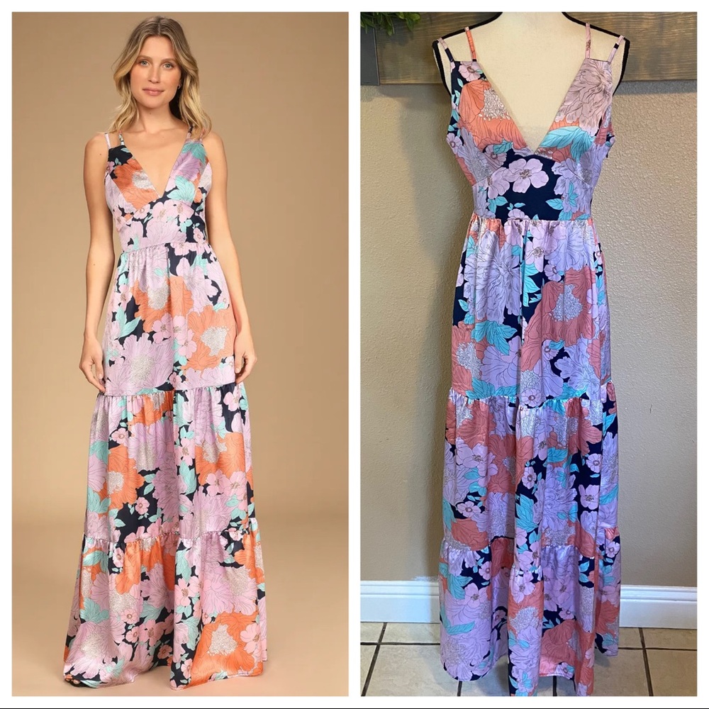 Lulus Dreamy Blooms Navy Blue Multi Floral Print Tiered Maxi Dress